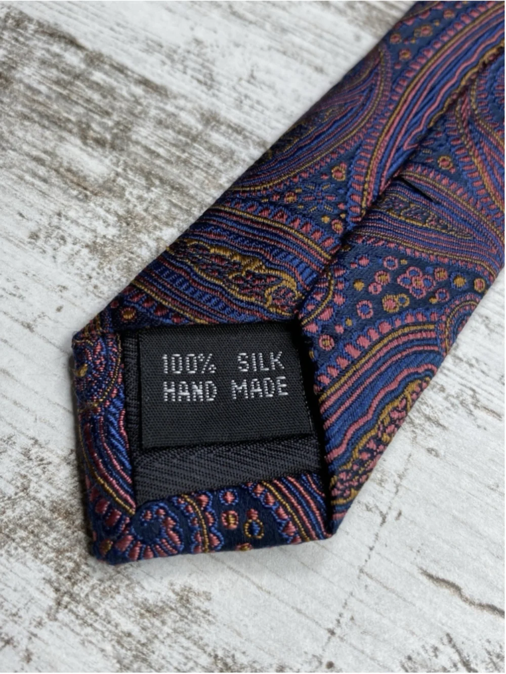 Bruno Piatelli Silk Tie Navy Blue Paisley Coral Gold Hand Made 60” x 3.25”